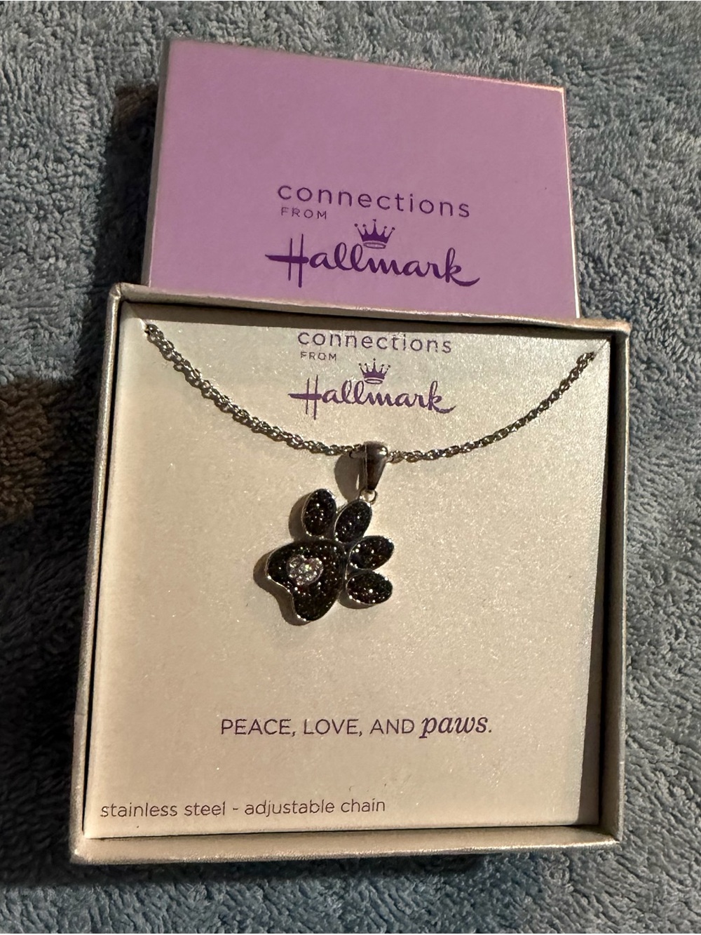 Hallmark Silver Paw Pendant Necklace with Black Accent Stones